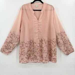 Coldwater Creek Sheer Pink Floral Print Chiffon Tunic Blouse Top 2X